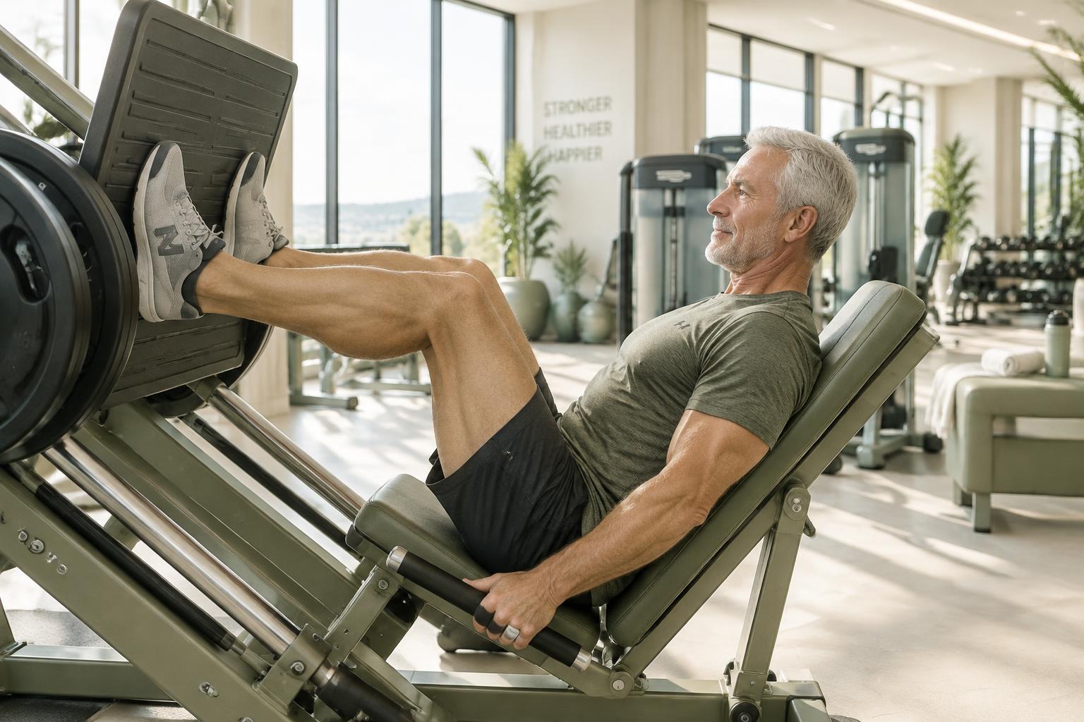 A man in his 60s using a leg press machine with good form
