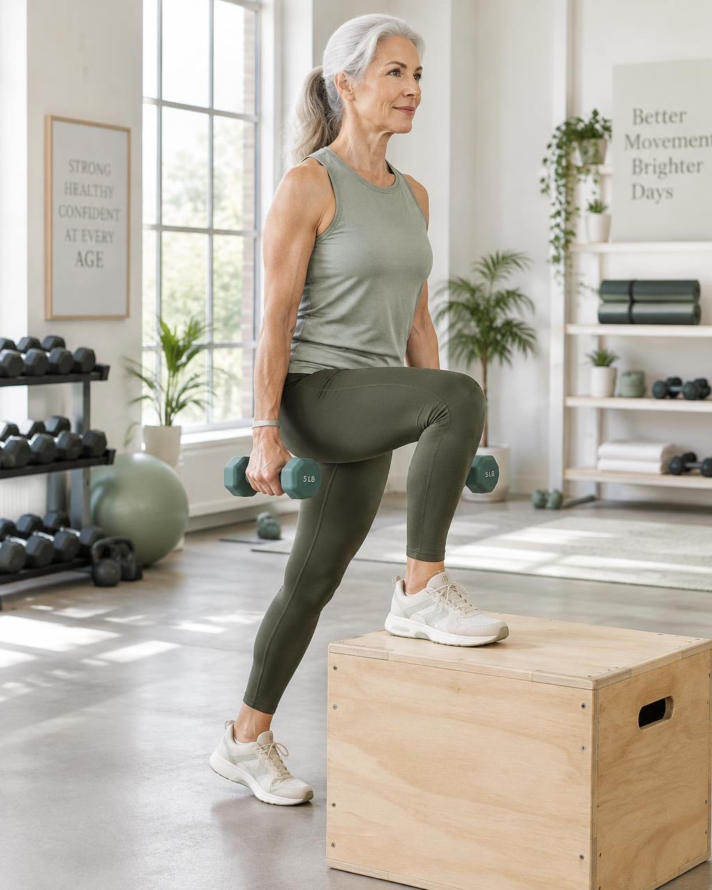 A woman in her 60s doing step-ups onto a wooden box holding light dumbbells
